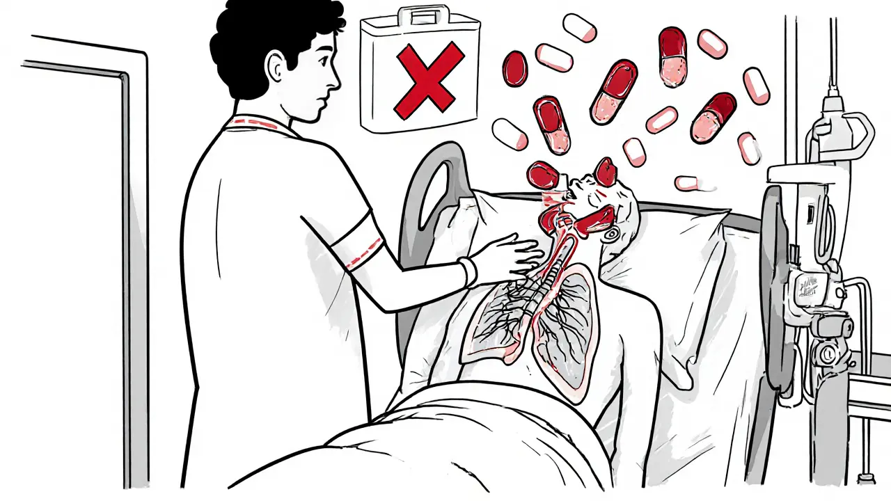 Neurolog provádí plazmaferézu pacientovi s myastenickou krizí, zatímco nebezpečné léky jsou označeny červeným křížem.