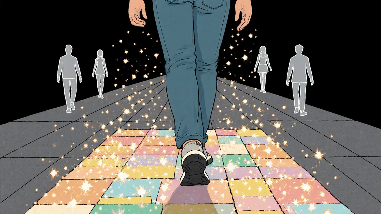 Osoba kráčí po ulici, její kroky mění šedou dlažbu na barevné dlaždice, kolem ní jsou průhledné postavy podpory.