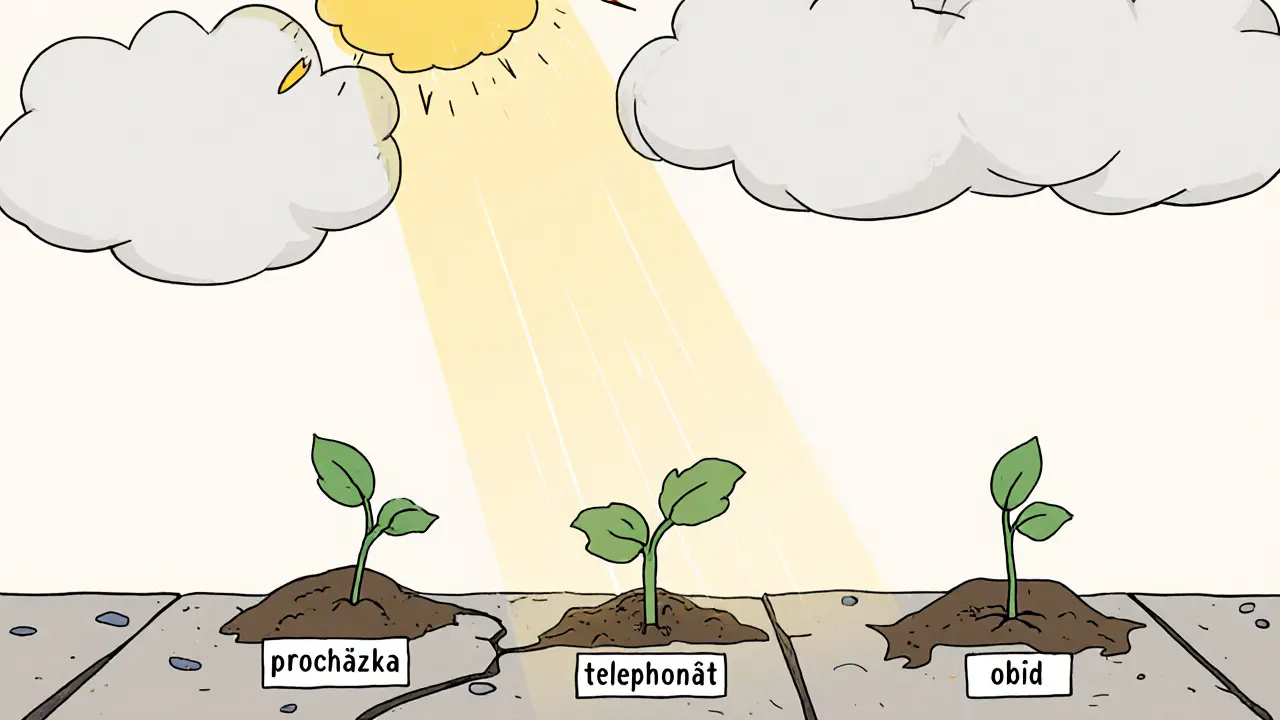 Osoba sází malé zelené klíčky na rozbitém chodníku, symbolizující malé kroky k lepšímu životu.