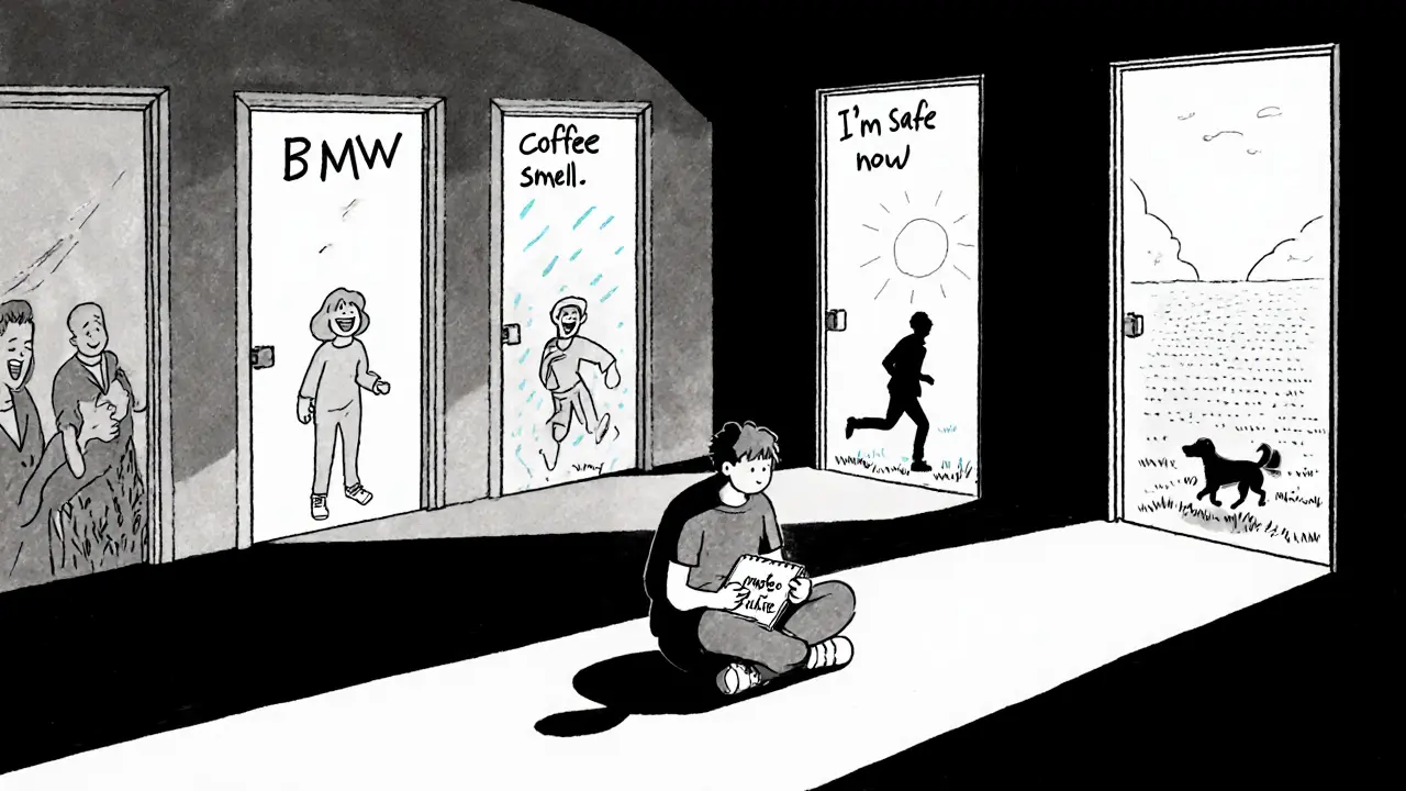 Osoba sedí v tiché místnosti, kde se dveře s každým spouštěčem postupně zavírají, zatímco radostné scény zůstávají mimo dosah.