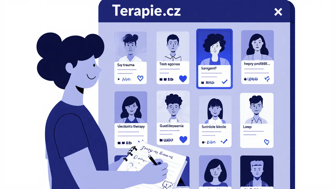 Osoba vybírá terapeuta z online seznamu podle specifických potřeb jako trauma nebo LGBTQ+.
