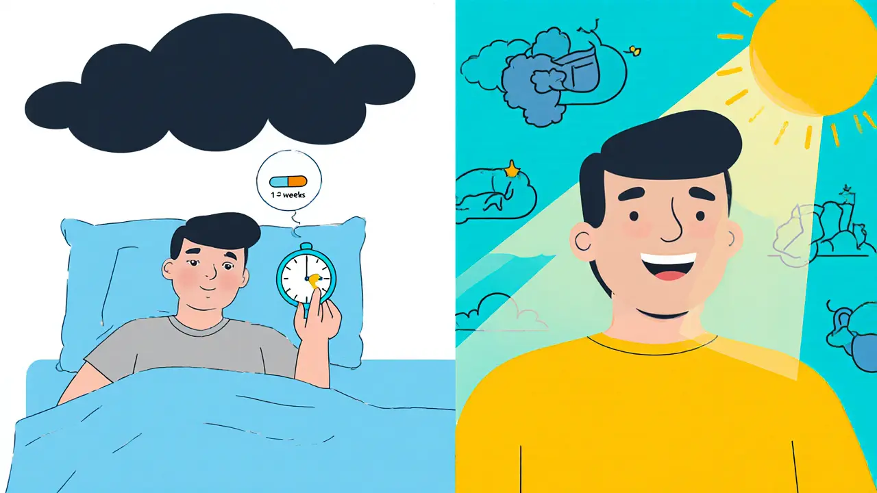 Pacient s depresí se postupně zotavuje — od tmavého stavu k jasnému, symbolizujícímu účinek antidepresiv.