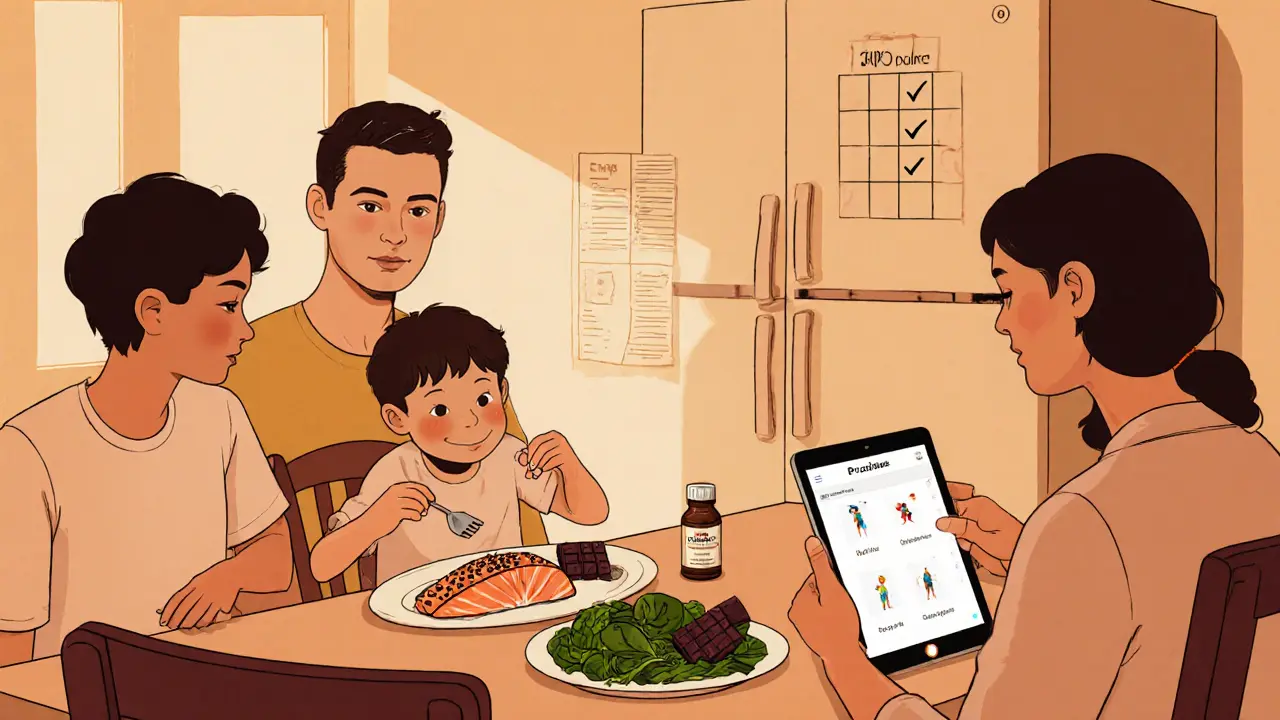 Rodina večeří s rybami, lněnými semínky a černou čokoládou, na tabletu aplikace ADHD Coach.