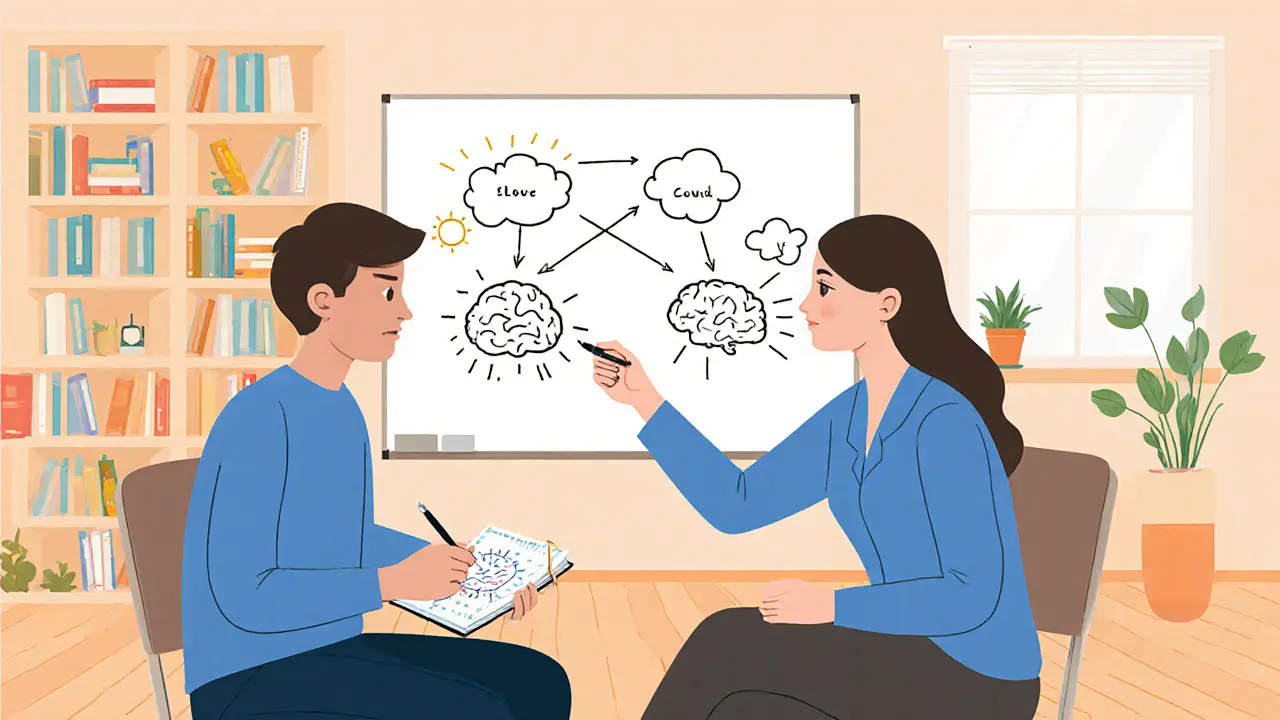 Terapeut a klient sedí v teplé místnosti, na tabuli jsou jednoduché schéma mozku a emocí.
