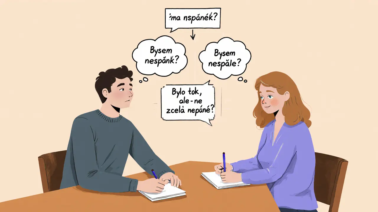 Terapeut a klient spolu na stole analyzují myšlenky pomocí vizuálního schématu.