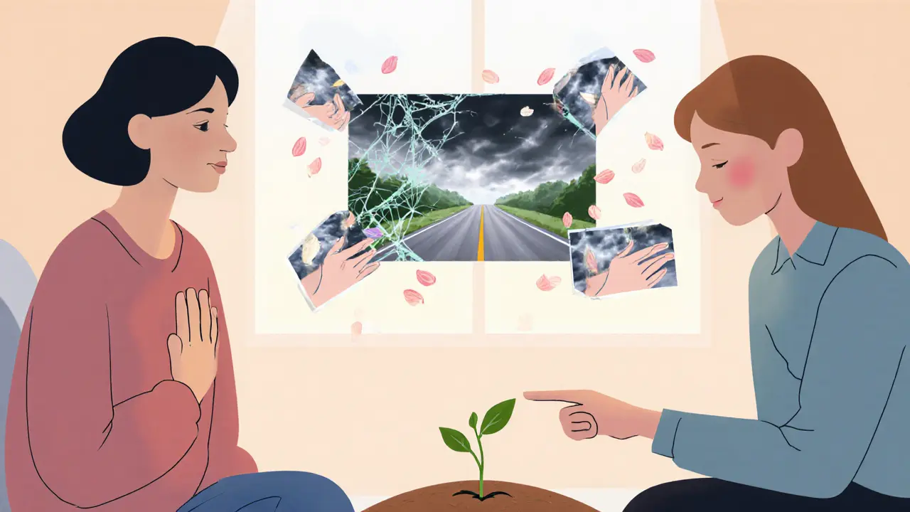 Terapeut a klient spolu v klidném prostředí sledují, jak se traumatické vzpomínky mění v květiny, zatímco růst symbolizuje uzdravení.