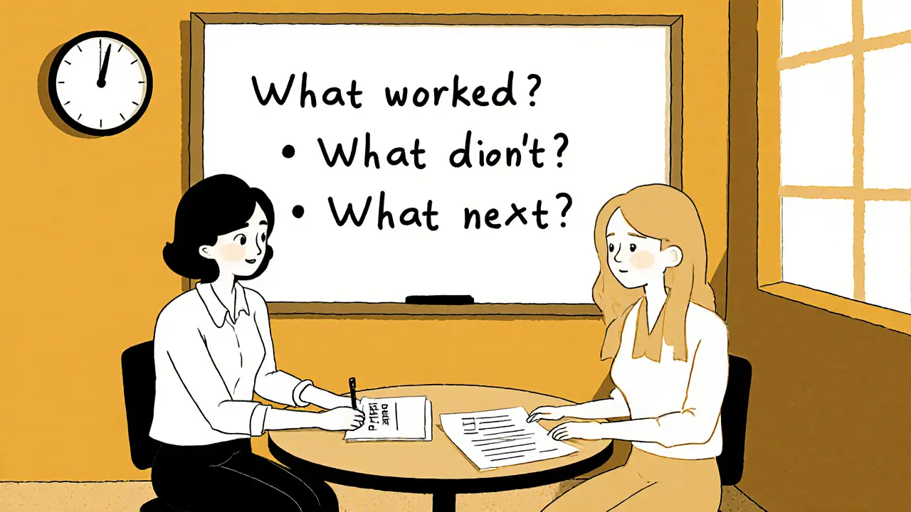 Učitel, psycholog a speciální pedagog se scházejí na krátké konzultaci s jednoduchým plánem.