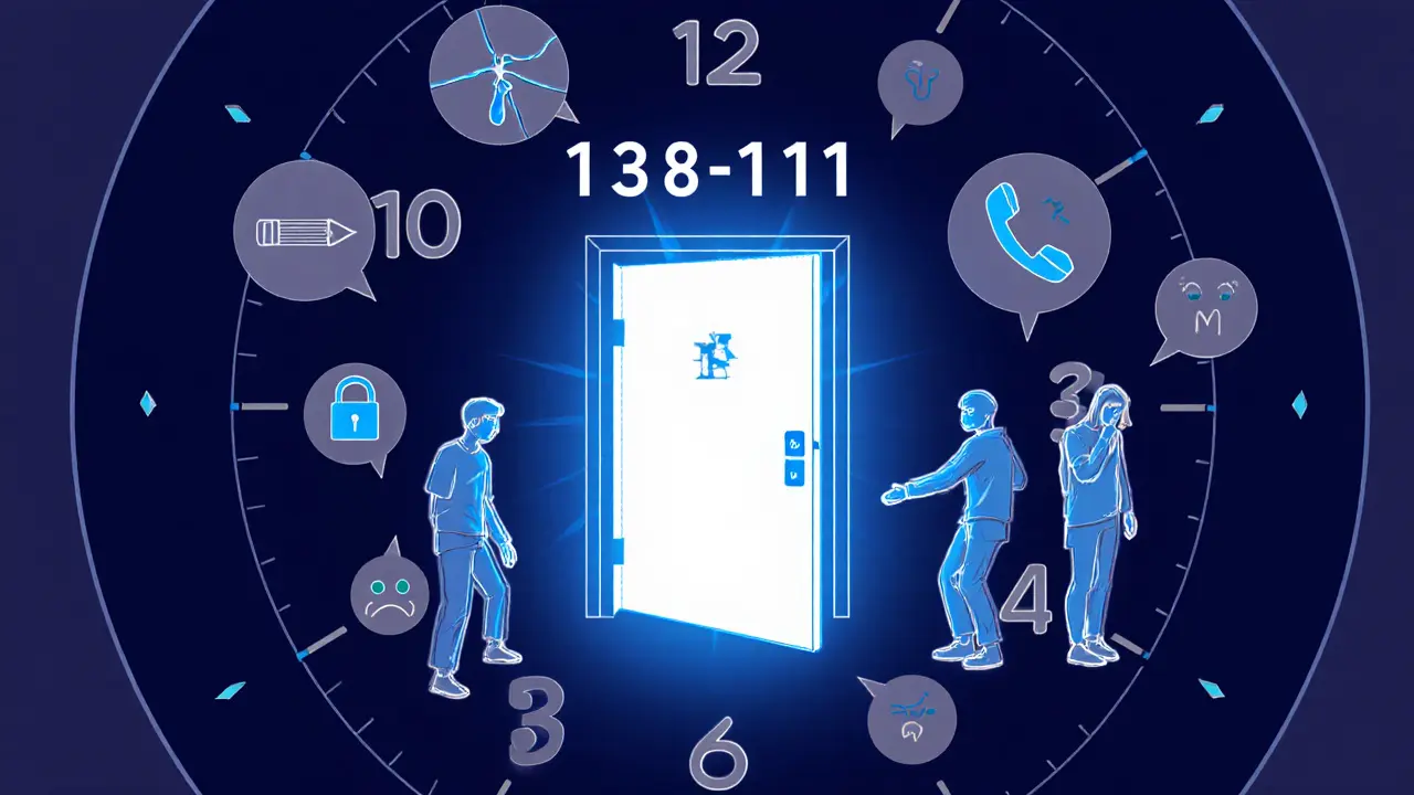 24hodinový ciferník s křížovými symboly krize a otevřenými dveřmi s číslem 116 111.