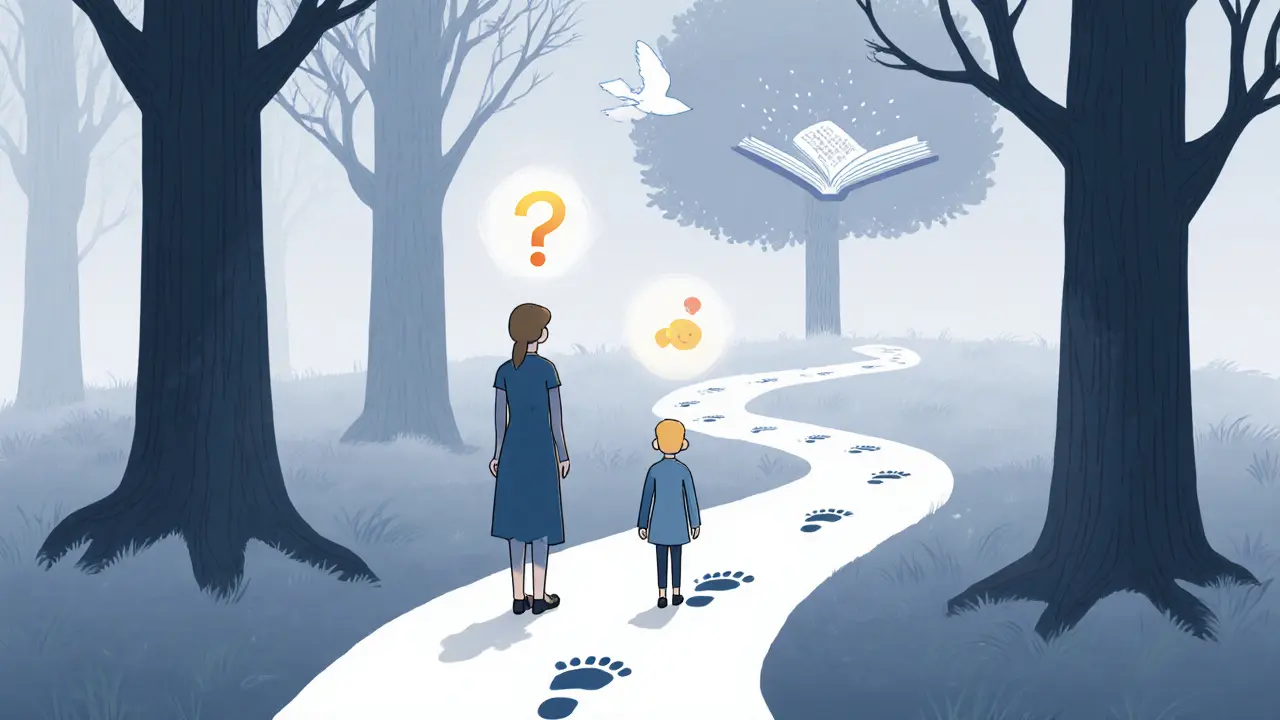 Cesta lesem s stopami a zářícími otazníky, které se mění v ptáky.