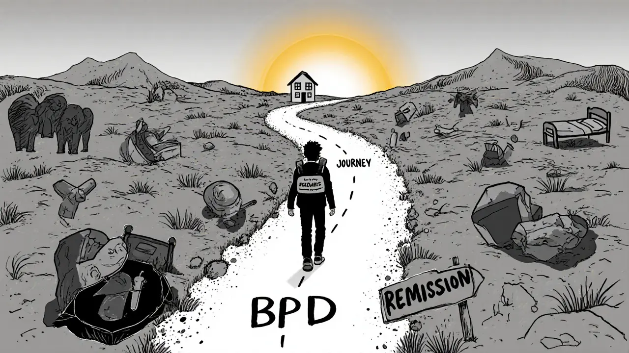 Cesta přes kamenitý kraj, kde osoba postupně opouští minulé bolesti směrem k osvětlenému domu remise.