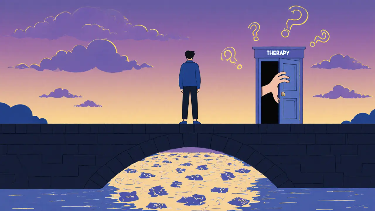 Člověk na mostě, nad vodou se odrážejí jeho emoce, za ním otevřená dveře terapie.