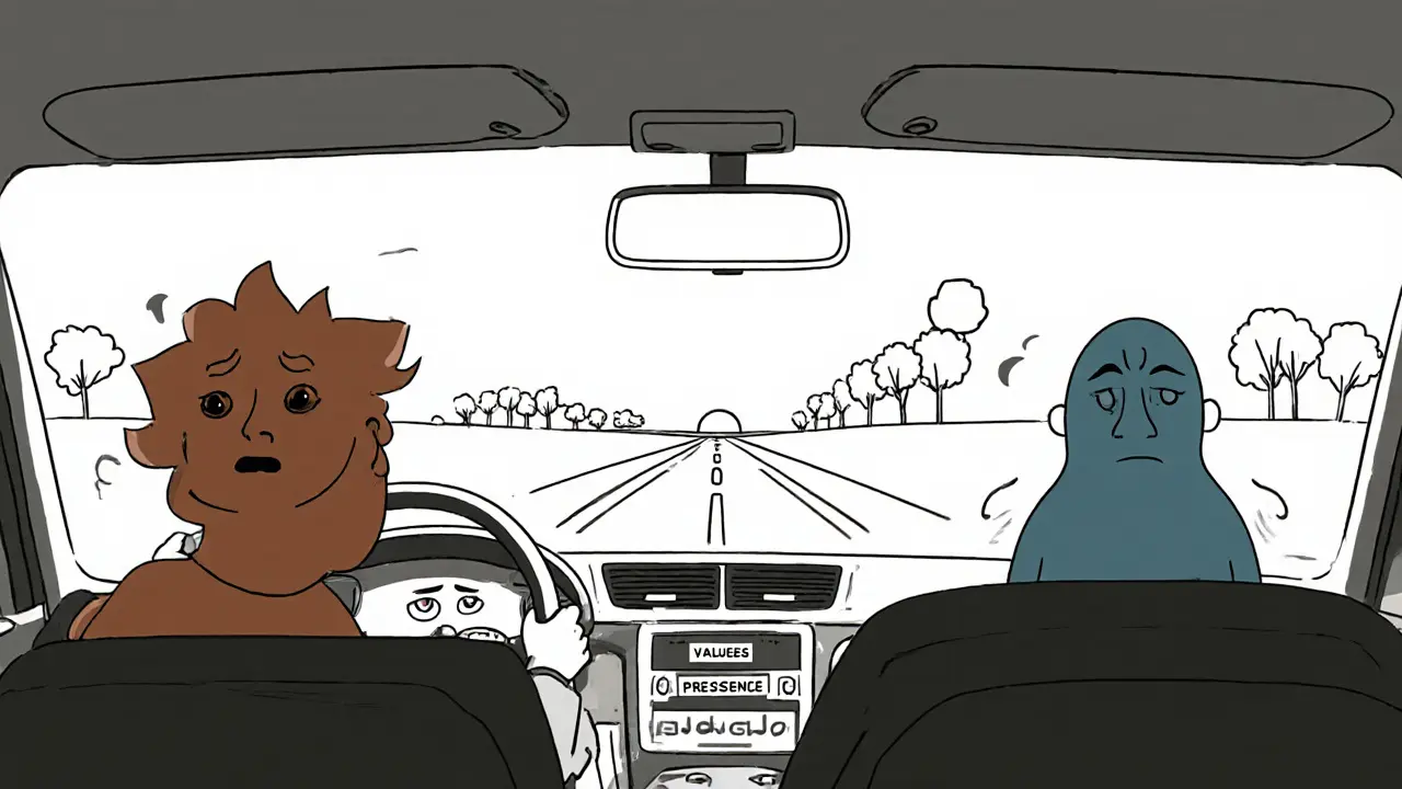 Člověk řídí auto s myšlenkami na zadním sedadle, dívá se dopředu k horizontu s hodnotami.