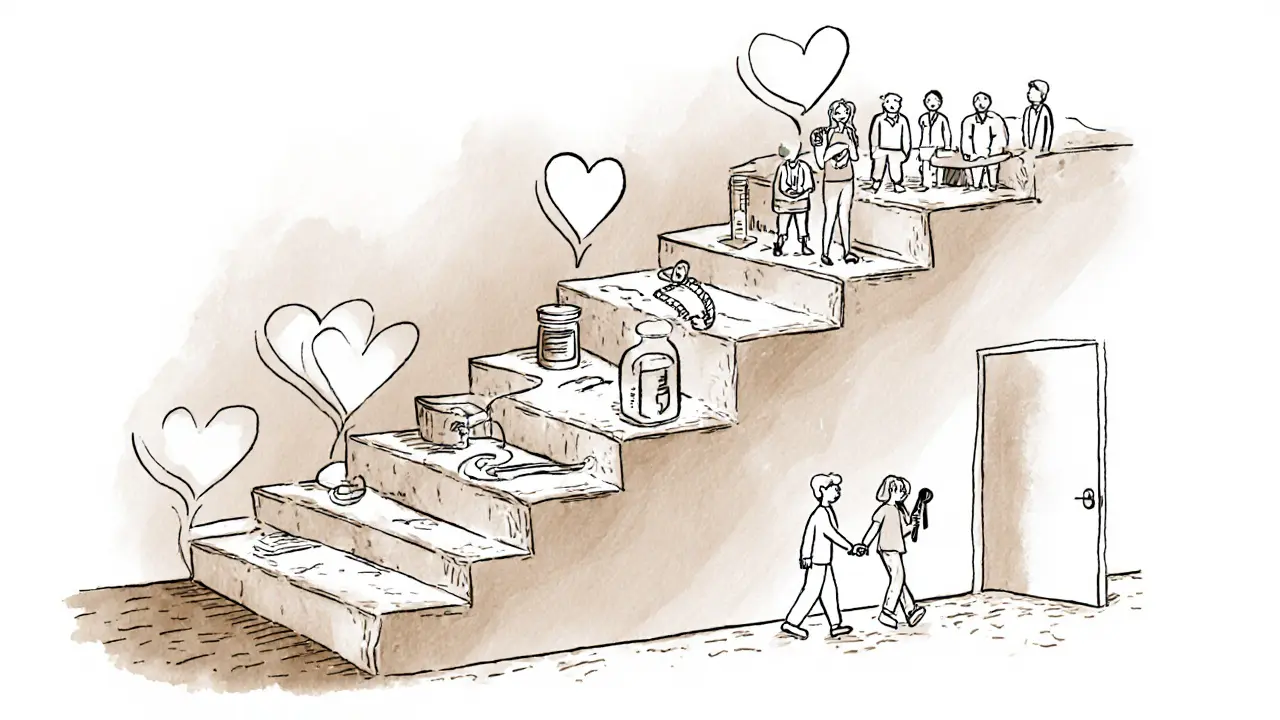 Čtyři fáze léčby duální diagnózy jako schodiště s klíčovými prvky každé fáze.