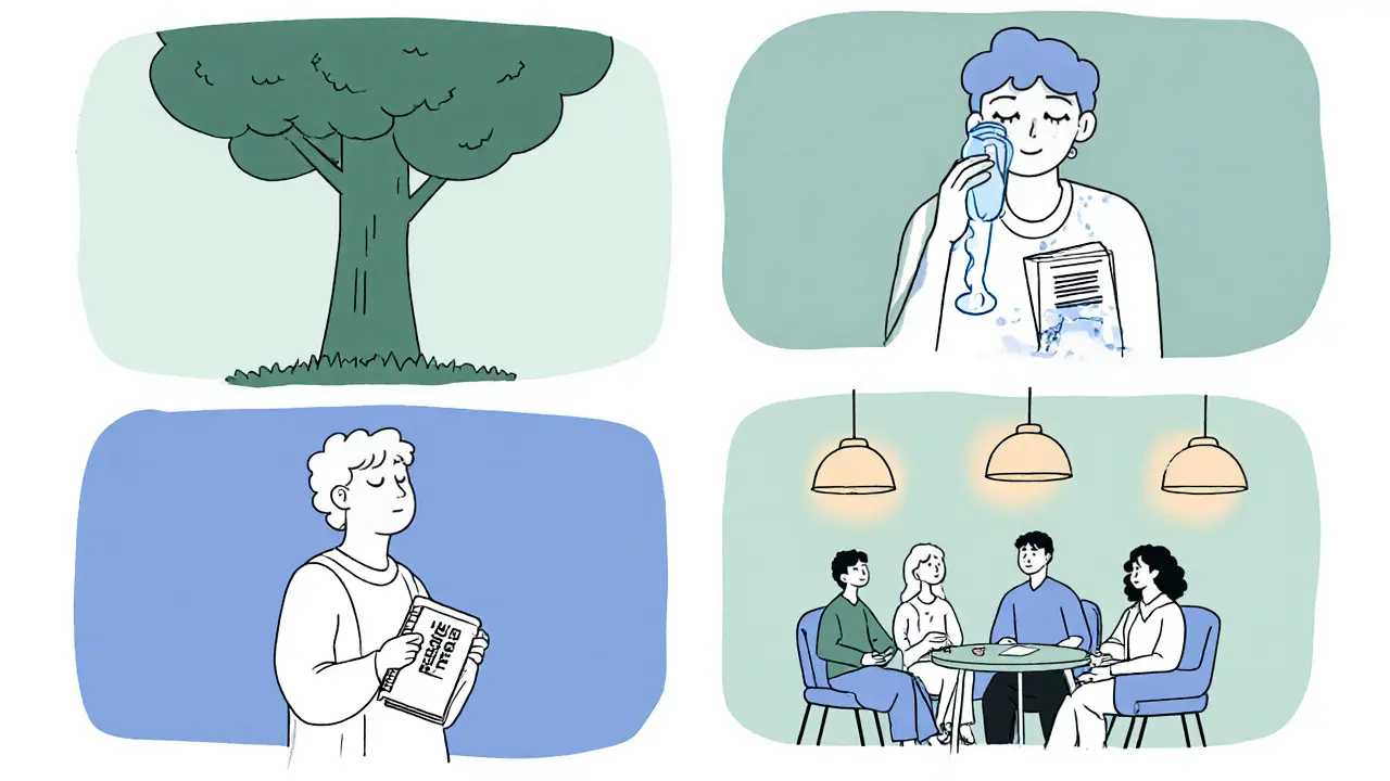 Čtyři scény DBT terapie: mindfulness, krizová technika, sledování emocí a komunikace ve skupině.