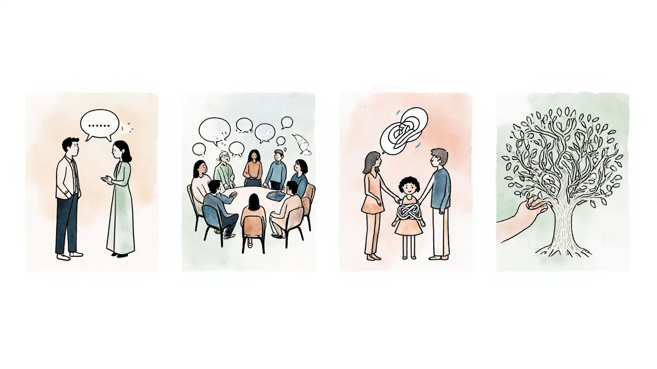 Čtyři scény psychoterapie: individuální, skupinová, párová a rodinná, znázorněné jako miniaturní panely.