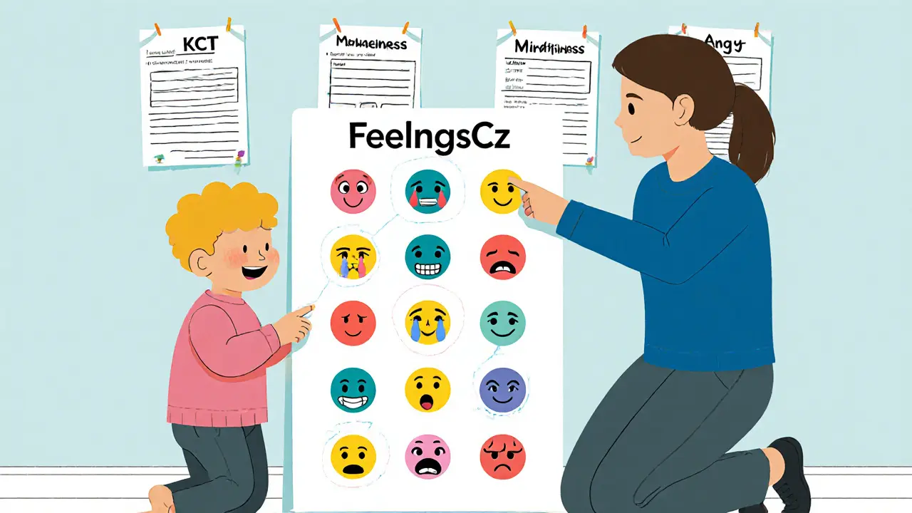 Dítě s náhledem emocí v pracovním listu spolu s dospělým, který mu pomáhá pochopit pocity.