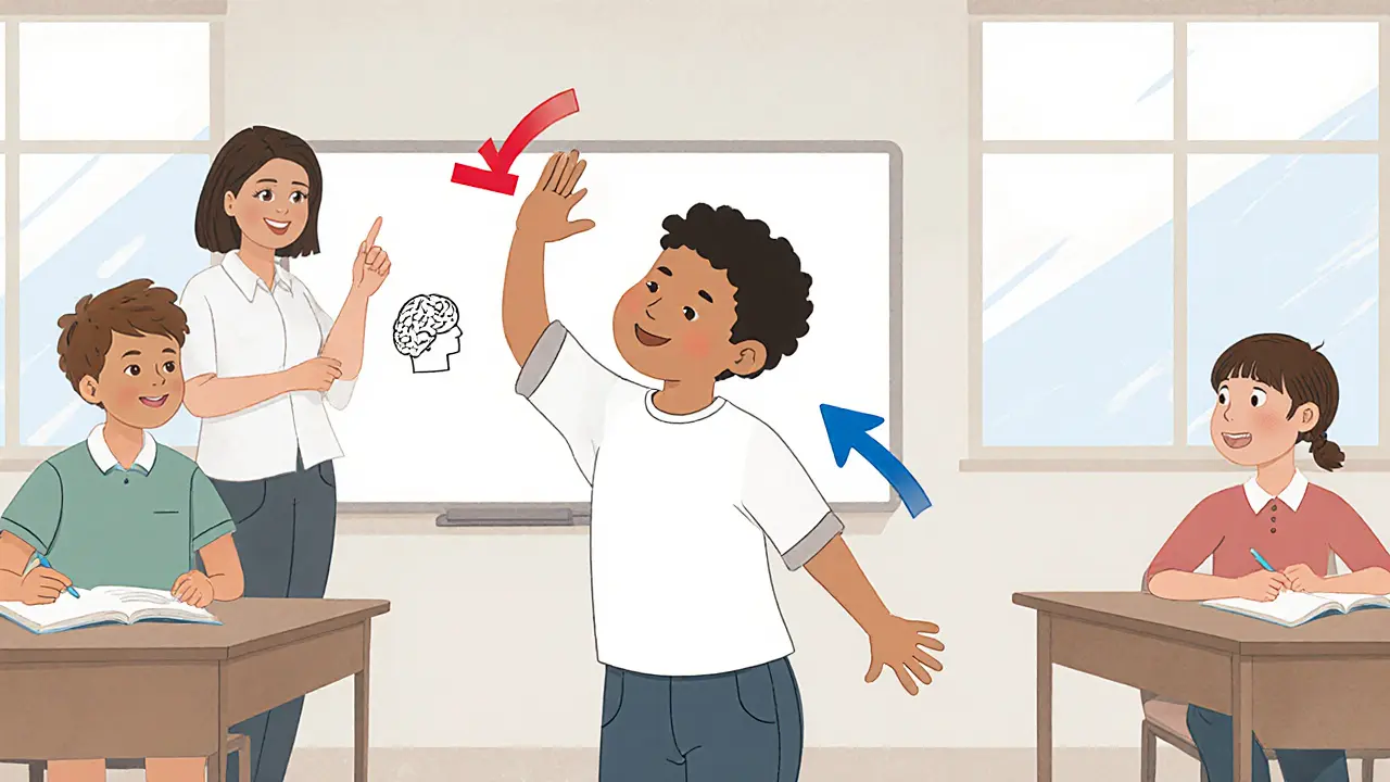 Dítě ve škole dělá protipohyb místo tiku, učitel a kamarád reagují podporujícím pohledem.