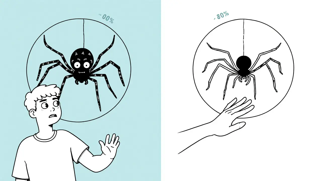 Dívka se dívá na virtuální pavouka v bezpečném prostředí, zatímco v reálném světě se vyhýbá skutečným pavoukům.