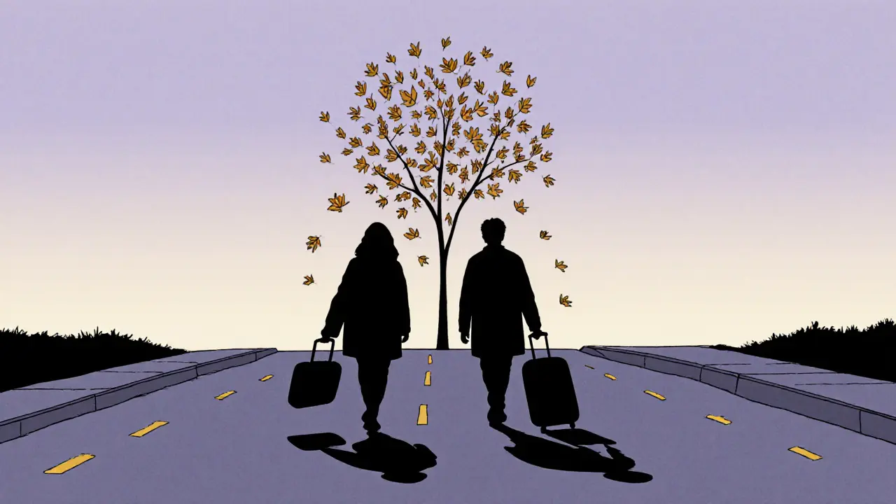 Dva lidé se vzdalují, jejich stíny se spojují, symbolizují klidný rozchod.