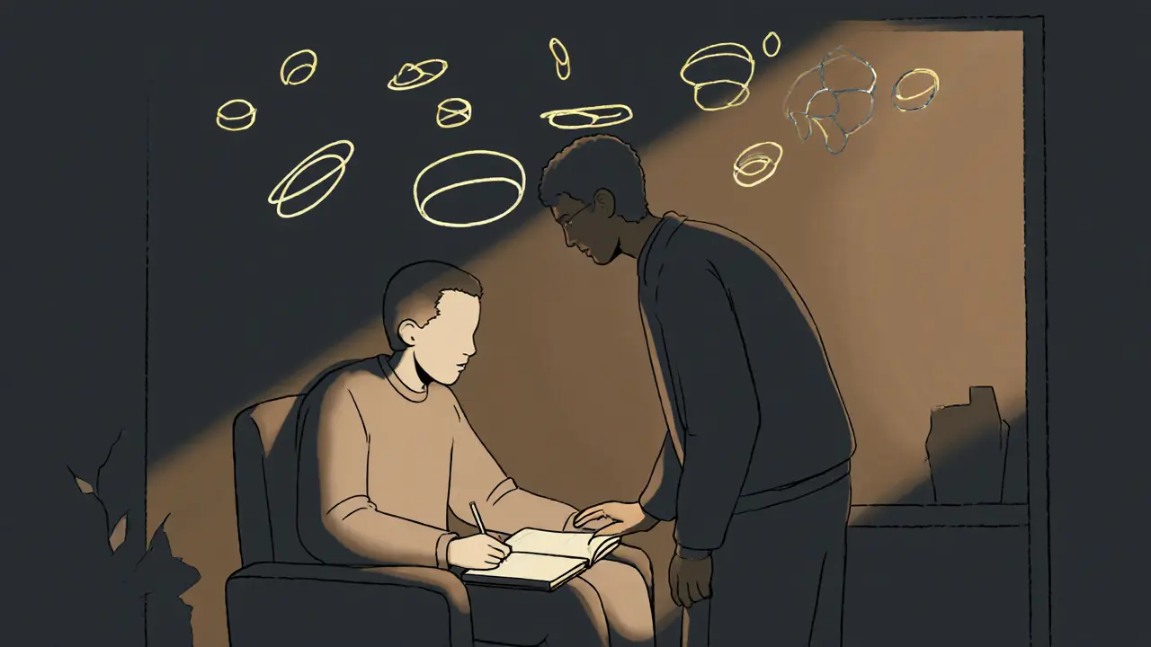 Dva lidé si povídají na schůzce AA, nad nimi jsou kroužky znázorňující 12 kroků.