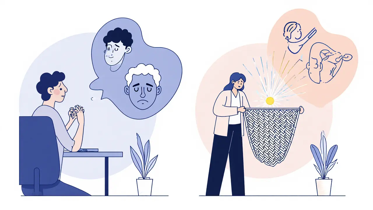 Dva scénáře terapie: jeden ignoruje více poruch, druhý je integruje do jednoho celku.