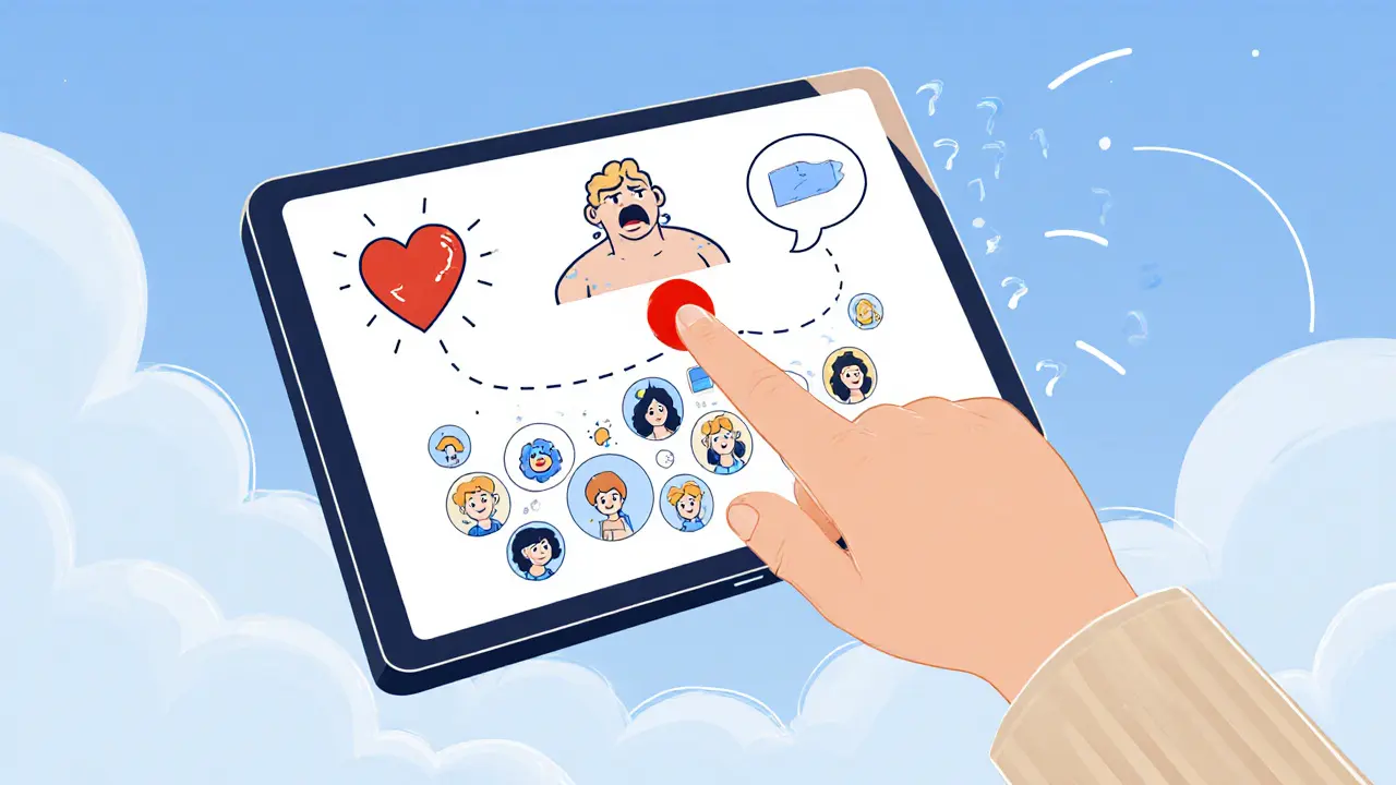 Interaktivní digitální mapa emocí na tabletu zobrazuje přechod z chaosu k jasnosti.