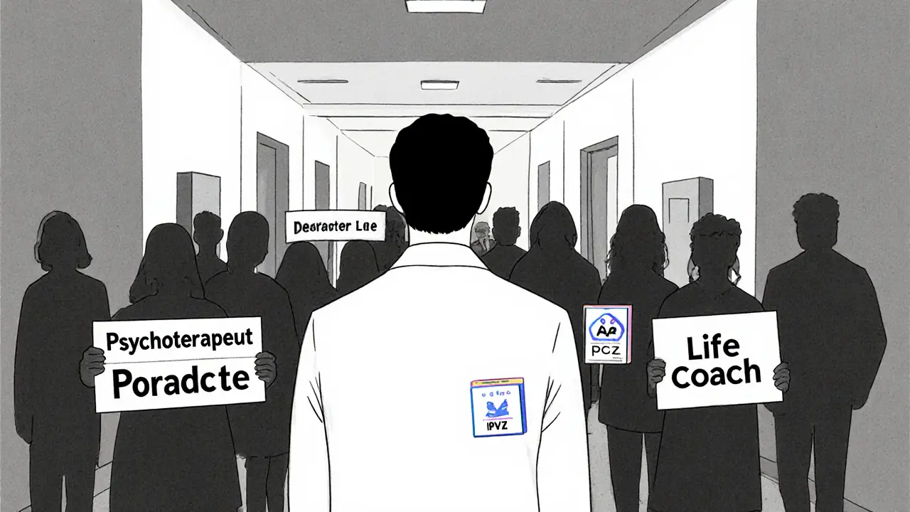 Jeden kvalifikovaný psychoterapeut mezi mnoha nekvalifikovanými, symbolizující potřebu ověřené kvalifikace.