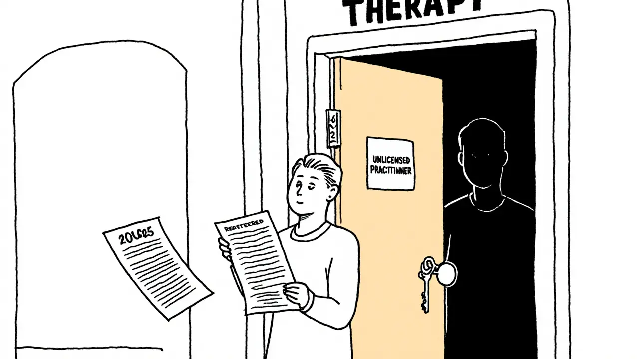 Klient drží smlouvu a klíč před dveřmi terapie, nekvalifikovaný terapeut mizí v stínu.