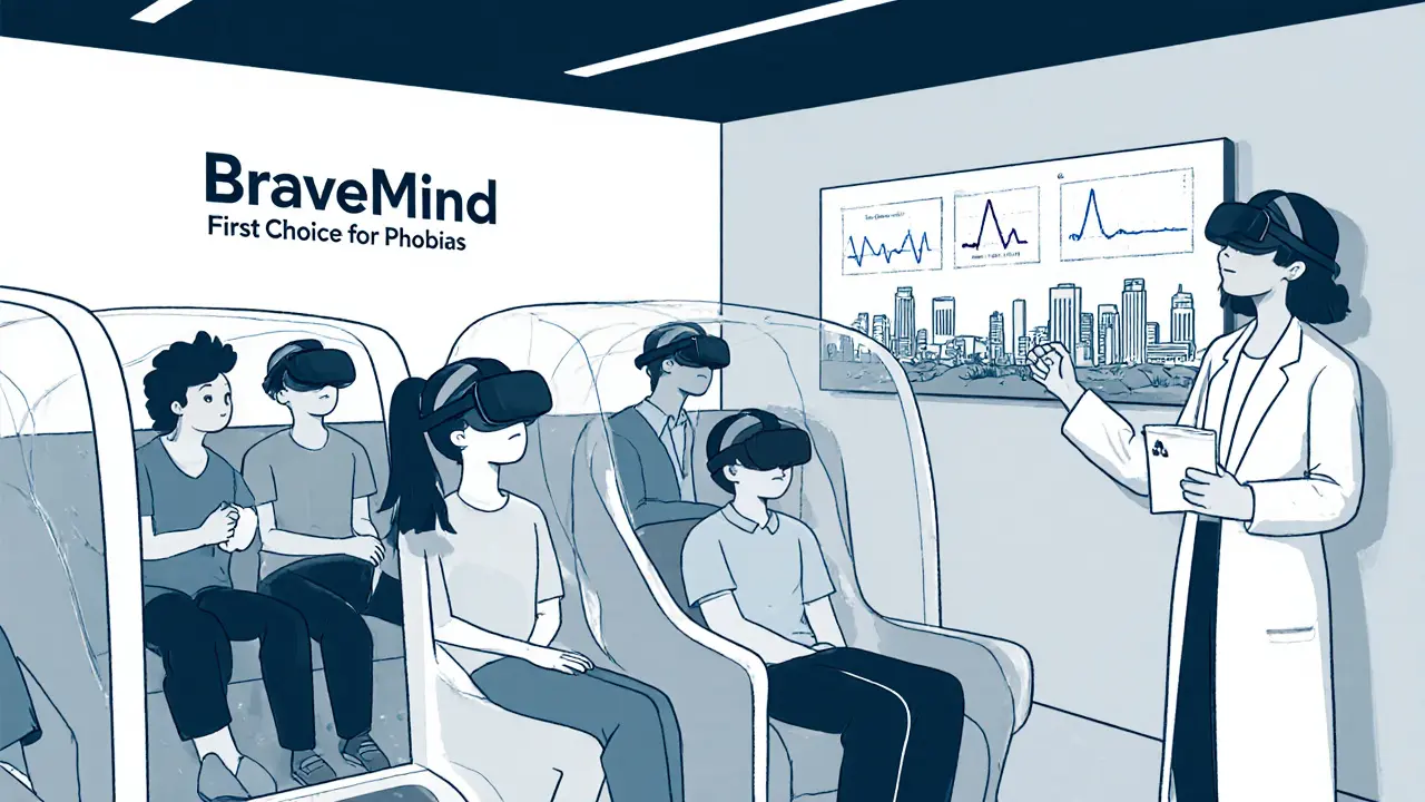 Klinika v Česku s pacienty používajícími VR terapii, terapeut sleduje datové grafy na obrazovce.