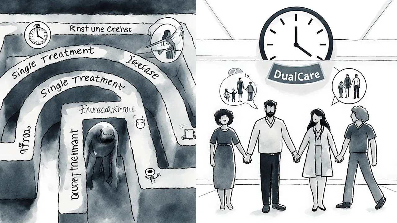 Kontrast mezi opakující se recidivou a úspěšnou integrovanou léčbou v týmu.