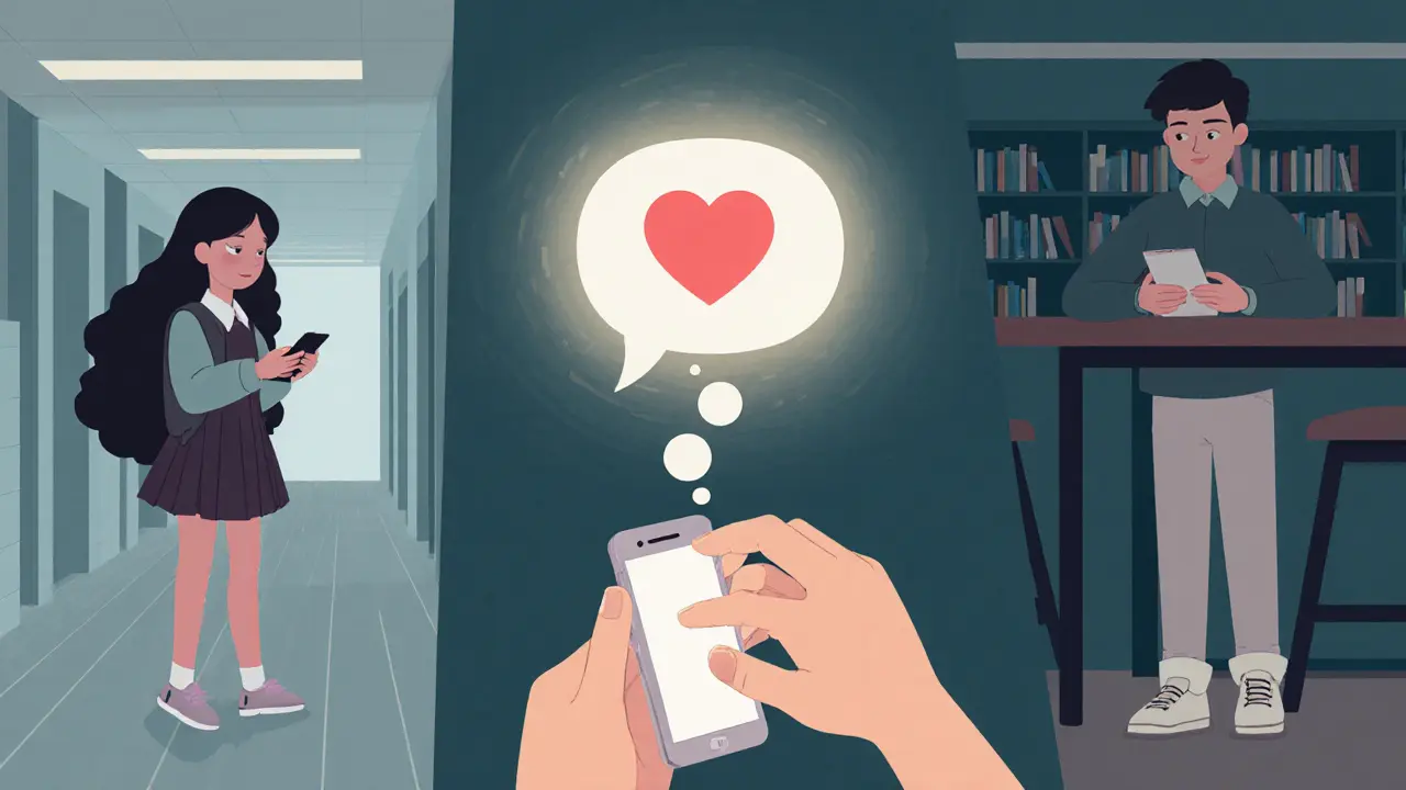 Mladí lidé v různých prostředích posílají zprávy k centrálnímu symbolu pomoci.