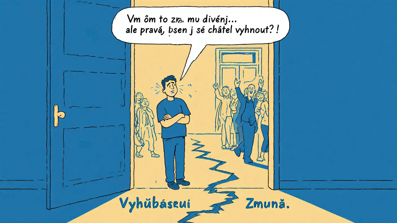 Muž na dveřích večírku, říká větu o vyhýbání se, za ním světlý a přívětivý prostor.