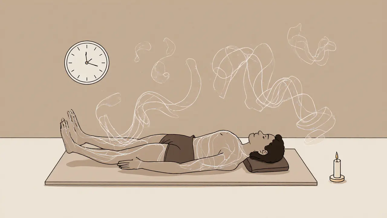 Osoba leží v klidu, průhledné čáry ukazují uvolňování tkání pod vlivem gravitace.