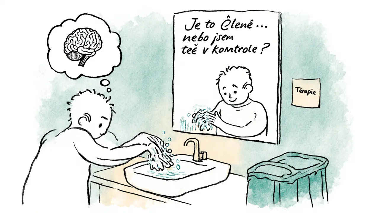 Osoba myje ruce přesně třikrát, myšlenka v hlavě ptá se na kontrolu, u rakve je poznámka &#039;Terapie&#039;.