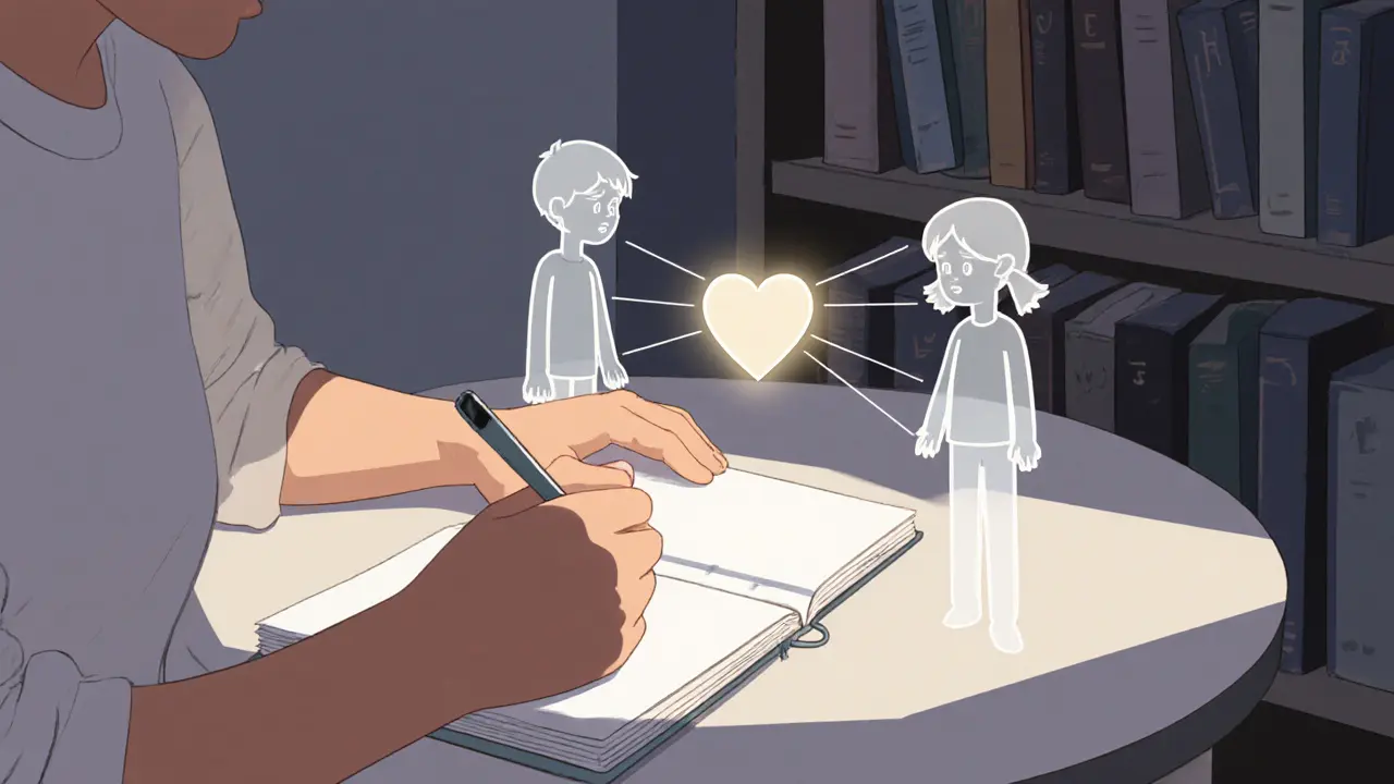 Osoba píše do sešitu, z něhož vystupují tři její vnitřní části spojené srdcem.