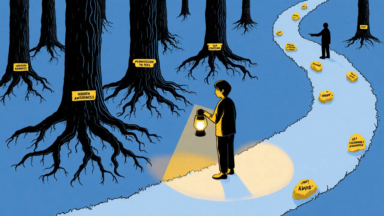 Osoba stojí na kraji lesa skrytých vzpomínek, drží lucernu, která osvětluje kořeny emocí, terapeut je v dálce.