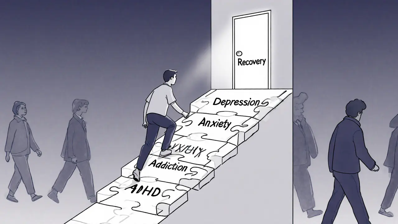 Osoba stoupá po schodech z kousků skládačky s názvy poruch, cílem je světlá brána úspěchu.