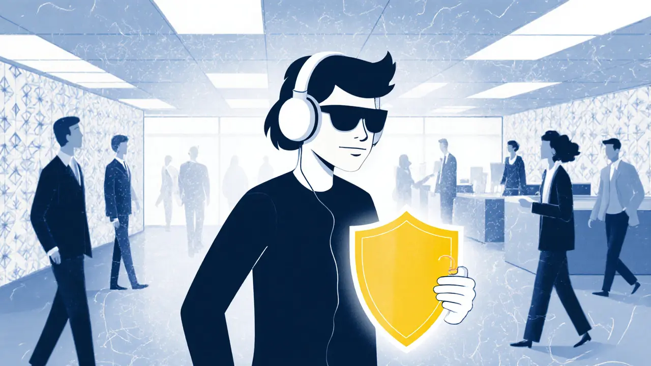 Osoba v hlukové kanceláři s hlukotlumícími sluchátky a brýlemi, chráněná klidem.