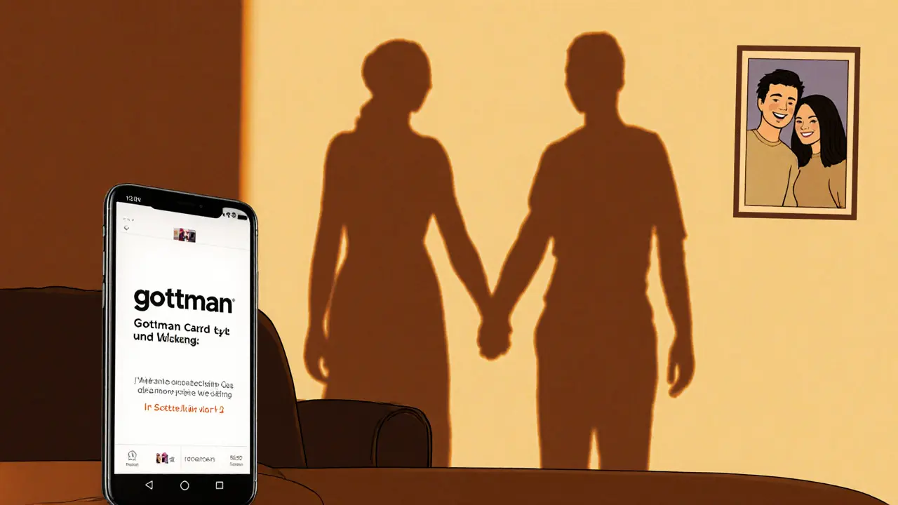 Pár drží ruce, jejich stíny se spojují, na kanapé je smartphone s českou aplikací Gottman Card Decks a fotografie společného šťastného okamžiku.