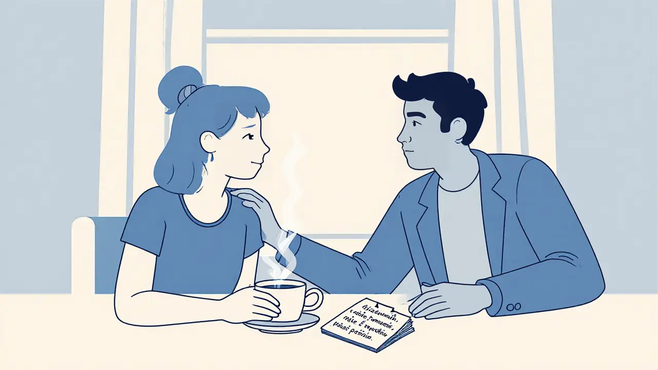 Pár se mírně dotýká, zatímco jedna osoba mluví klidně, na stole je papír s Gottmanovým vzorcem a šálky čaje.