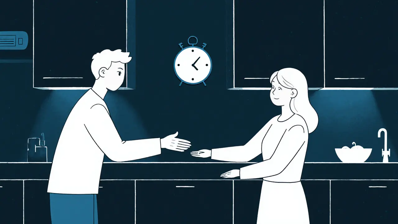 Pár v kuchyni se pomalu přibližuje, čas mezi sezeními znázorněn hodinami.