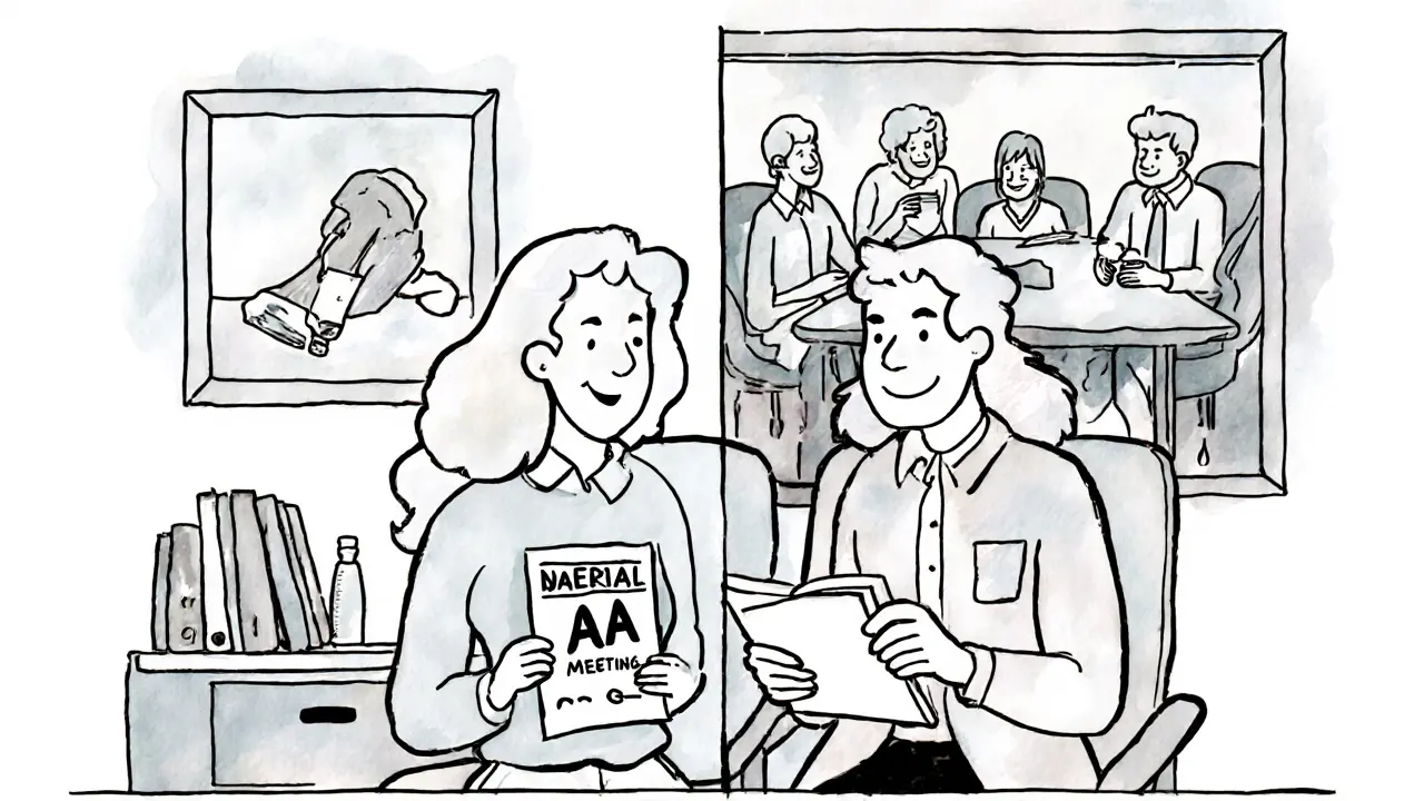 Pár v terapeutické místnosti, za nimi dva scénáře života – jeden s alkoholem, druhý s podporou.