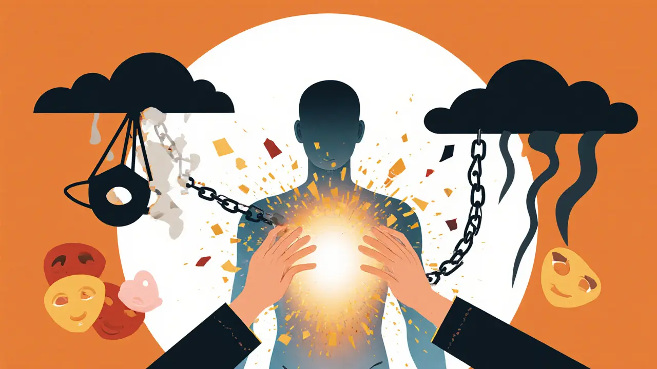 Průhledná postava se proměňuje, když se jí uvolňují kovy a mraky.