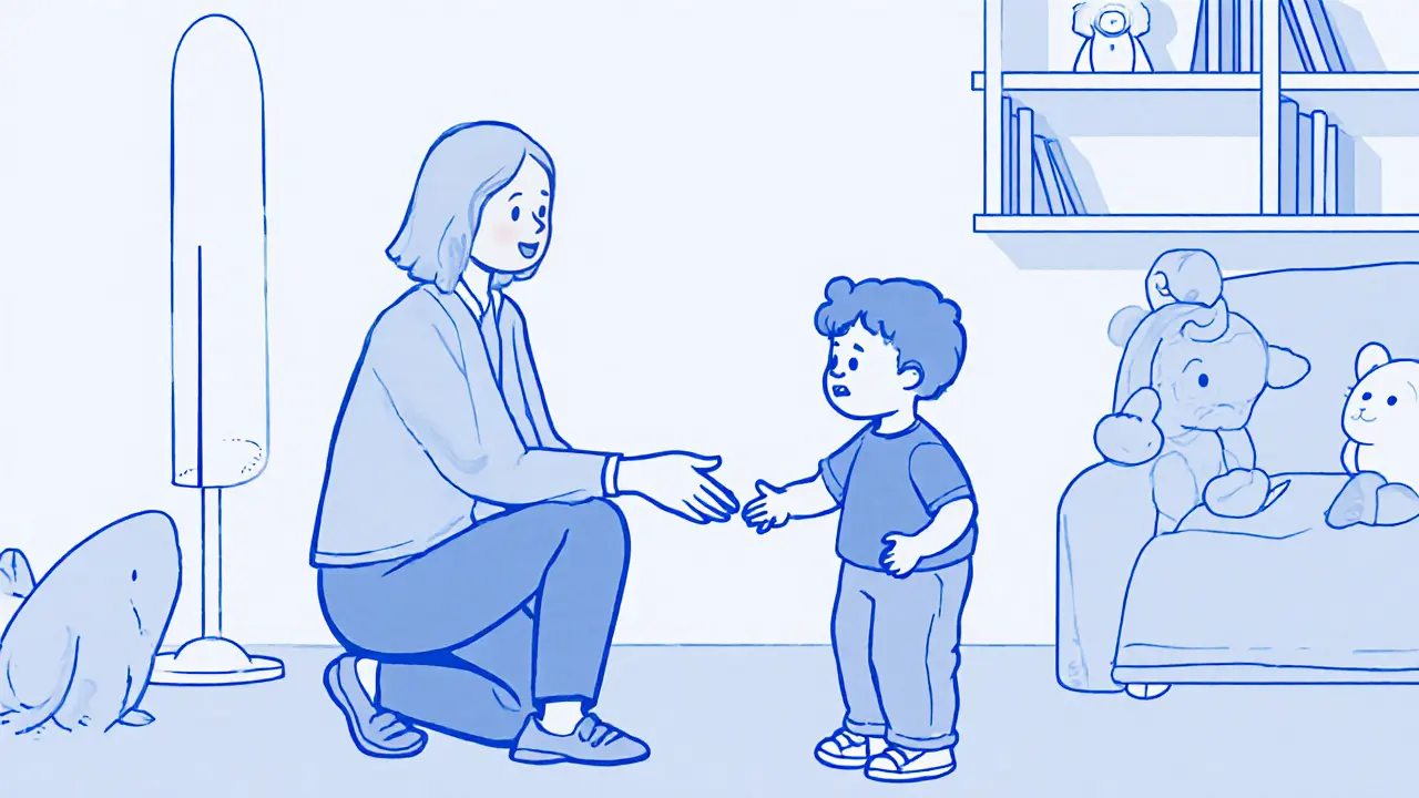 Rodič a dítě v terapeutické sezení — rodič se skloňuje k dítěti, dítě se dotýká jeho ruky.