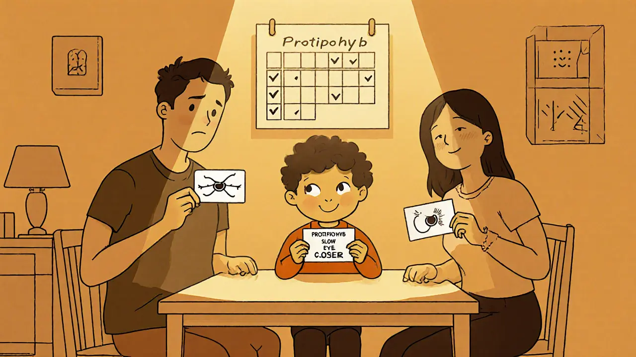 Rodina u stolu s kartami protipohybu a kalendářem s označenými týdny terapie.