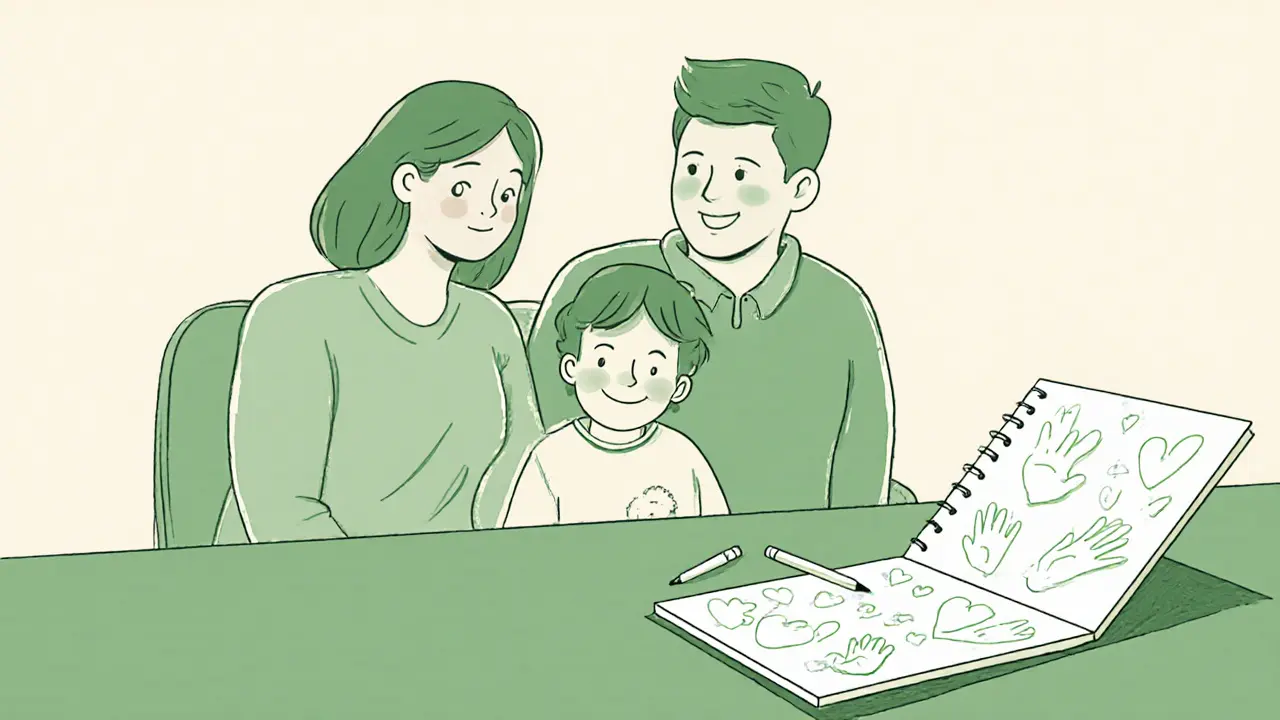 Rodina v terapeutickém kanceláři — rodiče a dítě sedí spolu, dítě se směje, terapeut není vidět.