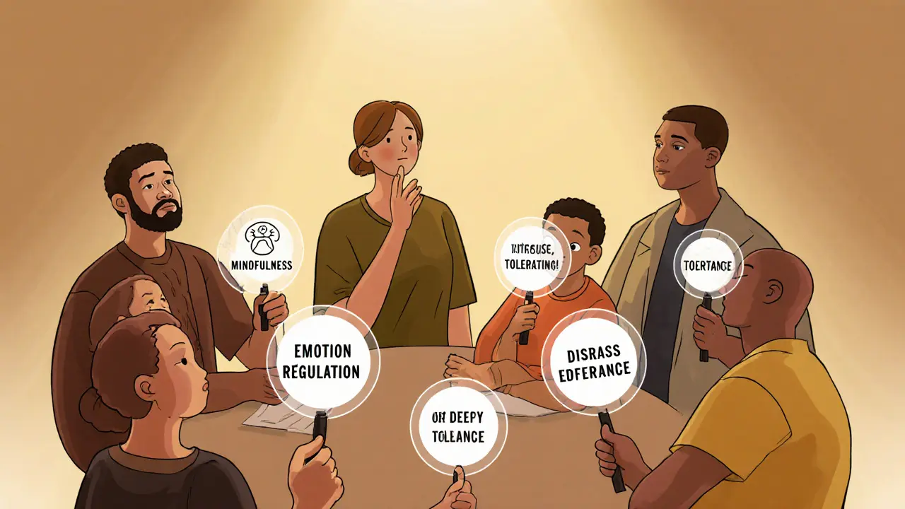 Skupina lidí ve skupinové terapii DBT, každý drží nástroj pro regulaci emocí, důvěru nebo komunikaci.