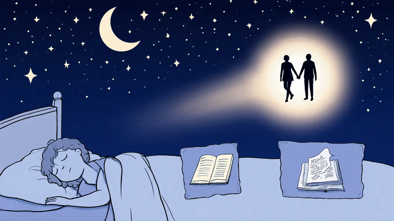 Spící člověk s klidným, přepsaným snem a třemi kroky IRT ve vzduchu.