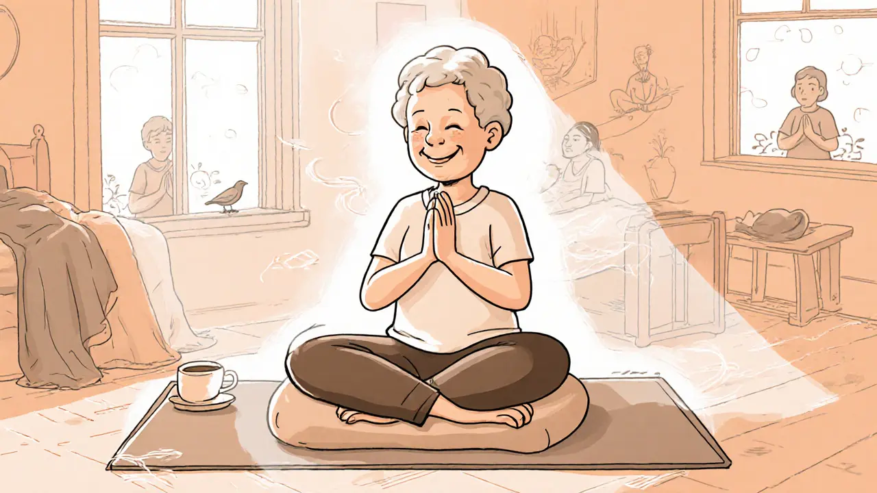 Starší osoba sedí v jemné józe, ruka na břiše, cítí dýchání, v pozadí klidné prostředí.