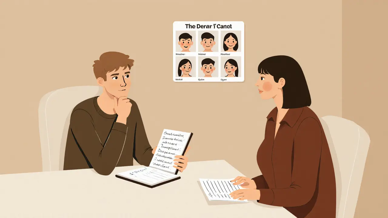 Terapeut a klient společně procházejí vizuální tabulku emocí v klidném prostředí.